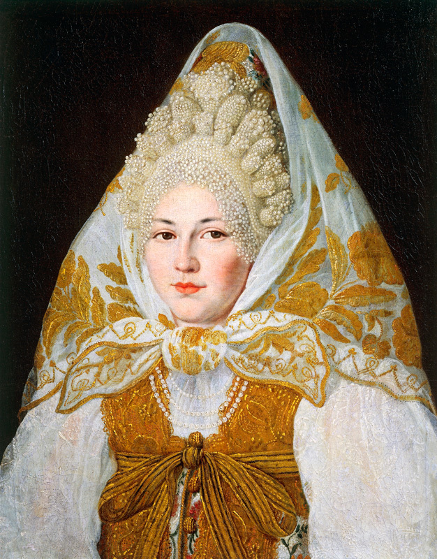 Портрет торопецкой купчихи в головном платке, затканном золотой нитью. Неизвестный художник. 1850-е годы